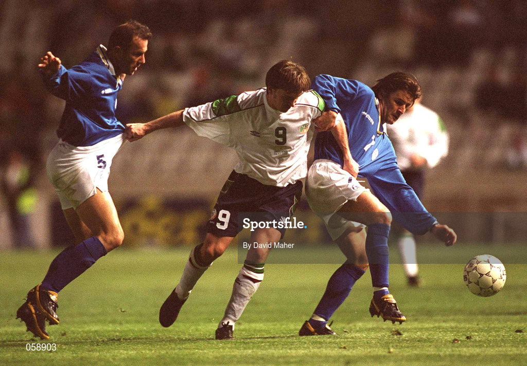 24 March 2001; David Connolly of Republic of Ireland in action against Marios Charalampous, left, and Georgis Theodotou of Cyprus during the 2002 FIFA World Cup Qualification Group 2 match between Cyprus and Republic of Ireland at GSP Stadium in Nicosia, Cyprus. Photo by David Maher/Sportsfile