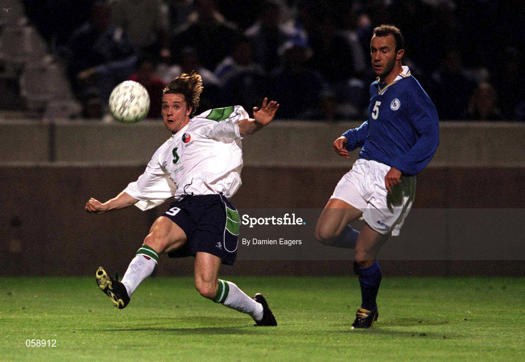 24 March 2001; David Connolly of Republic of Ireland in action against Marois Charalampous of Cyprus during the 2002 FIFA World Cup Qualification Group 2 match between Cyprus and Republic of Ireland at GSP Stadium in Nicosia, Cyprus. Photo by Damien Eagers/Sportsfile