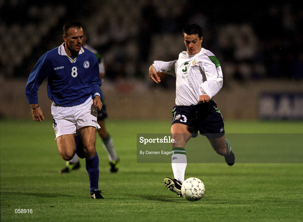24 March 2001; Ian Harte of Republic of Ireland in action against Milenko Spoltaric of Cyprus during the 2002 FIFA World Cup Qualification Group 2 match between Cyprus and Republic of Ireland at GSP Stadium in Nicosia, Cyprus. Photo by Damien Eagers/Sportsfile