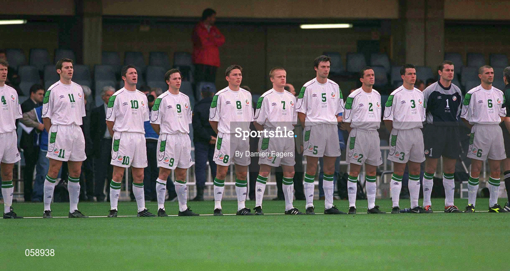 24 March 2001; The Republic of Ireland team stand for the National Anthem before the 2002 FIFA World Cup Qualification Group 2 match between Cyprus and Republic of Ireland at GSP Stadium in Nicosia, Cyprus. Photo by Damien Eagers/Sportsfile