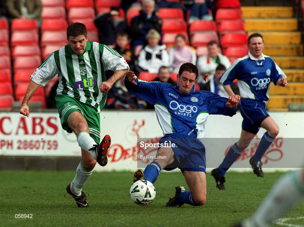 25 March 2001; Barry O'Connor of Bray Wanderers is tackled by Fergal Harkin of Finn Harps during the Eircom League Premier Division match between Bray Wanderers and Finn Harps at the Carlisle Grounds in Bray, Wicklow. Photo by Ray Lohan/Sportsfile