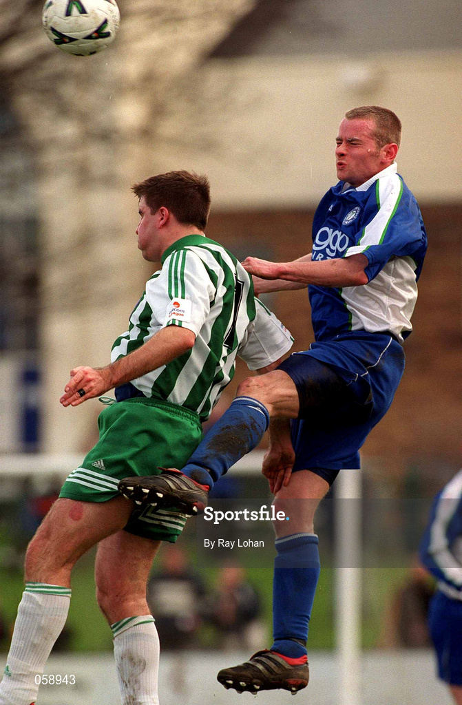 25 March 2001; Barry O'Connor of Bray Wanderers in action against Paddy McGranahan of Finn Harps during the Eircom League Premier Division match between Bray Wanderers and Finn Harps at the Carlisle Grounds in Bray, Wicklow. Photo by Ray Lohan/Sportsfile