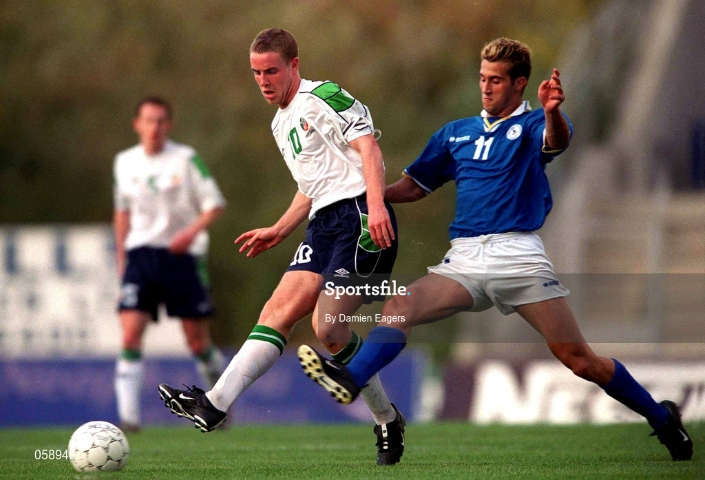 23 March 2001; Barry Quinn of Republic of Ireland, in action against Georgios Kauazis of Cyprus during the UEFA European U21 Championship Qualification Group 2 game between Cyprus and Republic of Ireland at the GSZ Stadium in Larnaca, Cyprus. Photo by Damien Eagers/Sportsfile