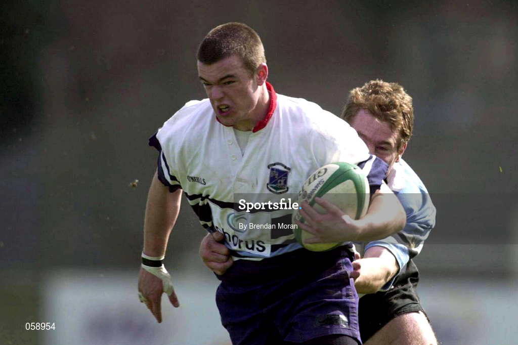31 March 2001; Maurice Lawlor of Shannon is tackled by Pat Duignan of Galwegians during the AIB All-Ireland League Rugby Division 1 match between Shannon RFC and Galwegians RFC at Thomond Park in Limerick. Photo by Brendan Moran/Sportsfile