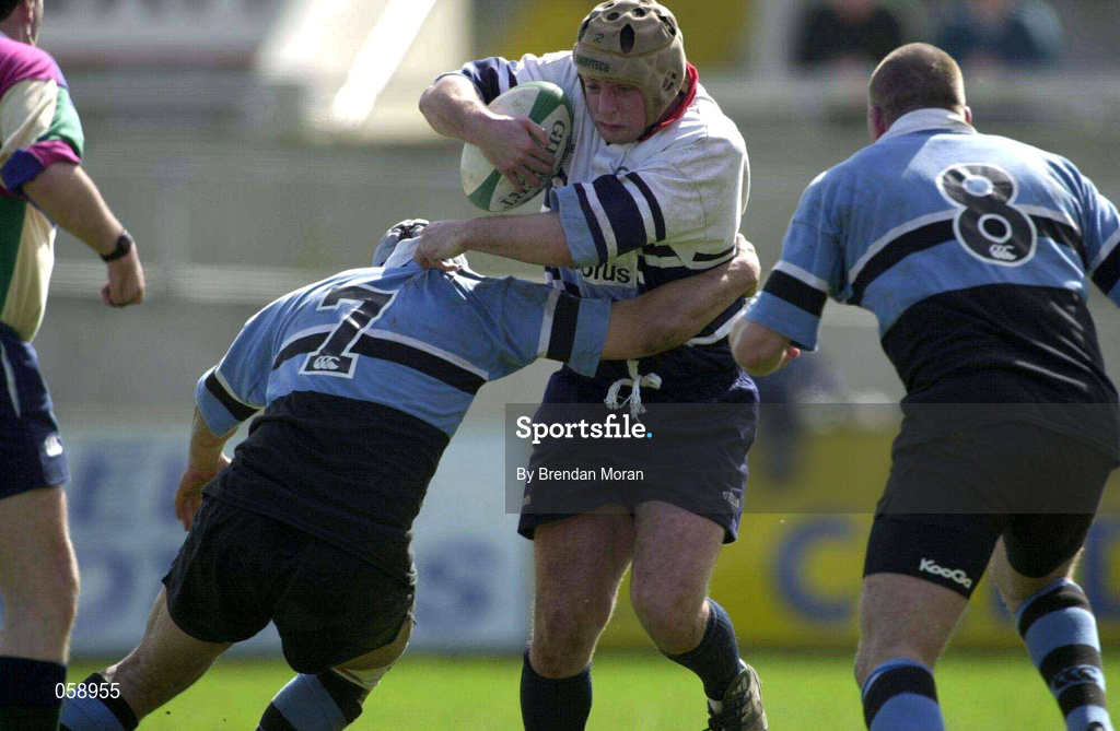 31 March 2001; David Quinlan of Shannon is tackled by Junior Charlie, left, and Mike Swift of Galwegians during the AIB All-Ireland League Rugby Division 1 match between Shannon RFC and Galwegians RFC at Thomond Park in Limerick. Photo by Brendan Moran/Sportsfile