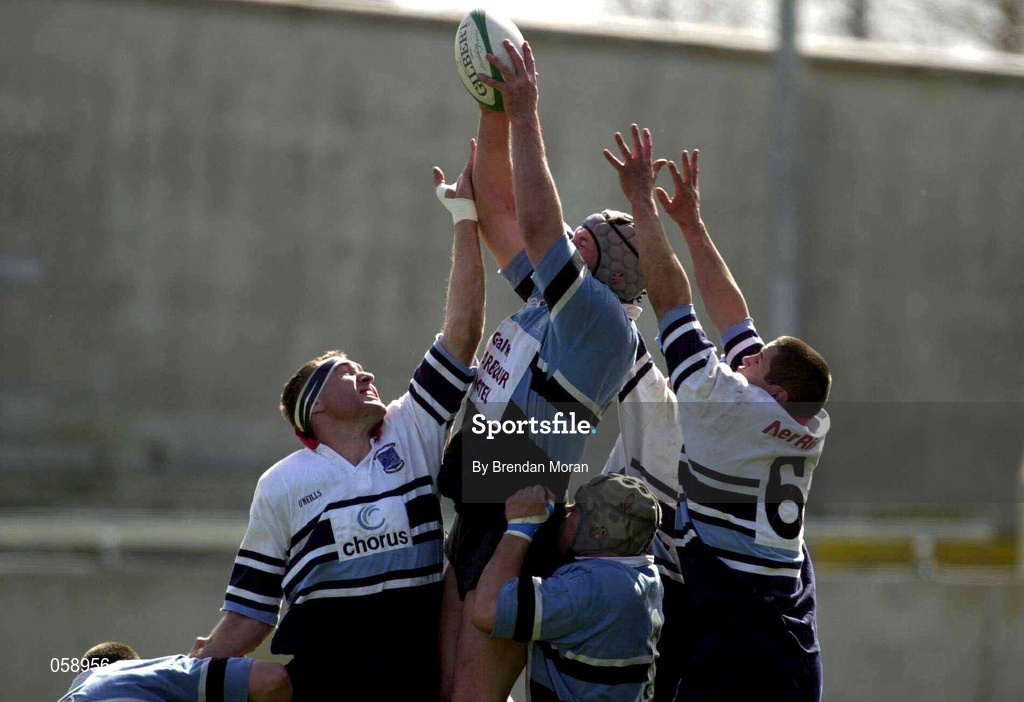 31 March 2001; Mark McConnell of Galwegians fields a high ball ahead of John Langford, left, and Redmond Collins, 6, of Shannon during the AIB All-Ireland League Rugby Division 1 match between Shannon RFC and Galwegians RFC at Thomond Park in Limerick. Photo by Brendan Moran/Sportsfile