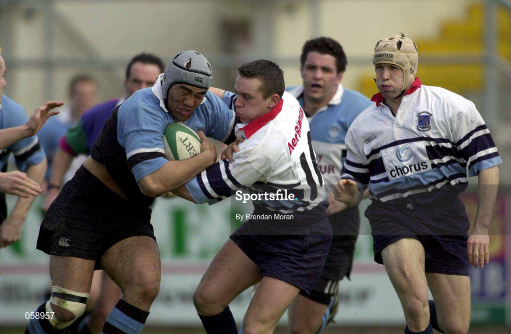 31 March 2001; Junior Charlie of Galwegians is tackled by David Delaney of Shannon during the AIB All-Ireland League Rugby Division 1 match between Shannon RFC and Galwegians RFC at Thomond Park in Limerick. Photo by Brendan Moran/Sportsfile