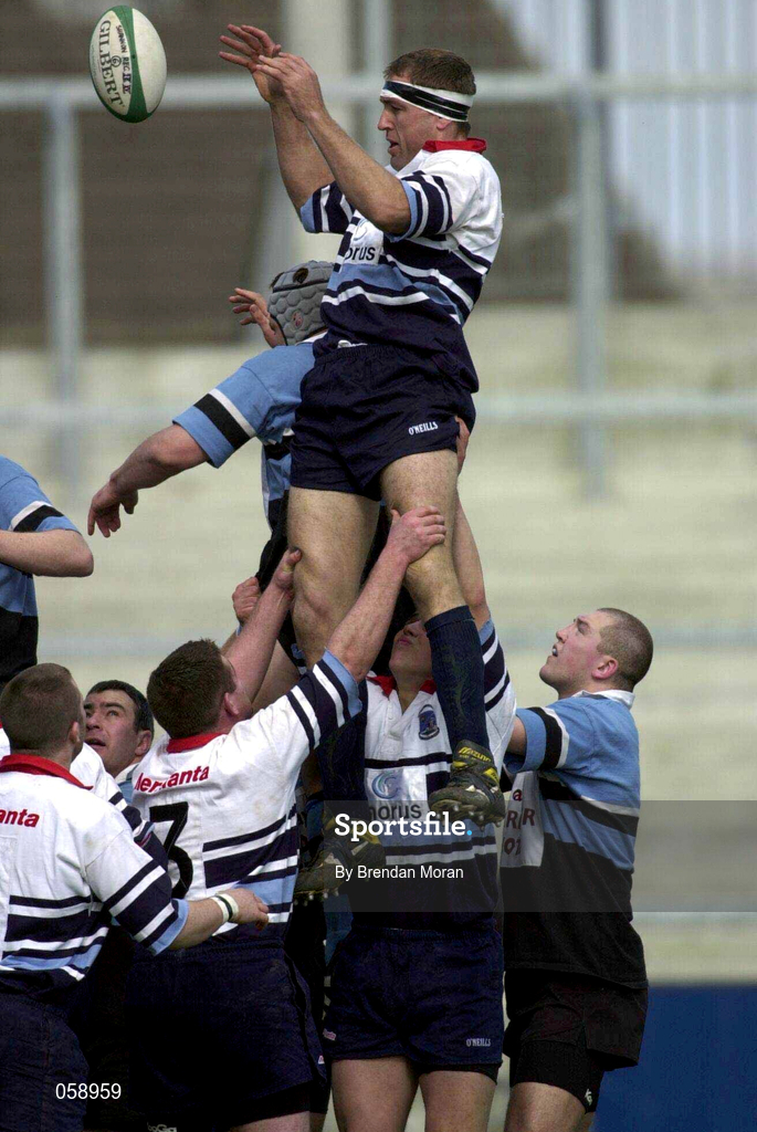 31 March 2001; John Langford of Shannon wins possession in the line-out against Mark McConnell of Galwegians during the AIB All-Ireland League Rugby Division 1 match between Shannon RFC and Galwegians RFC at Thomond Park in Limerick. Photo by Brendan Moran/Sportsfile
