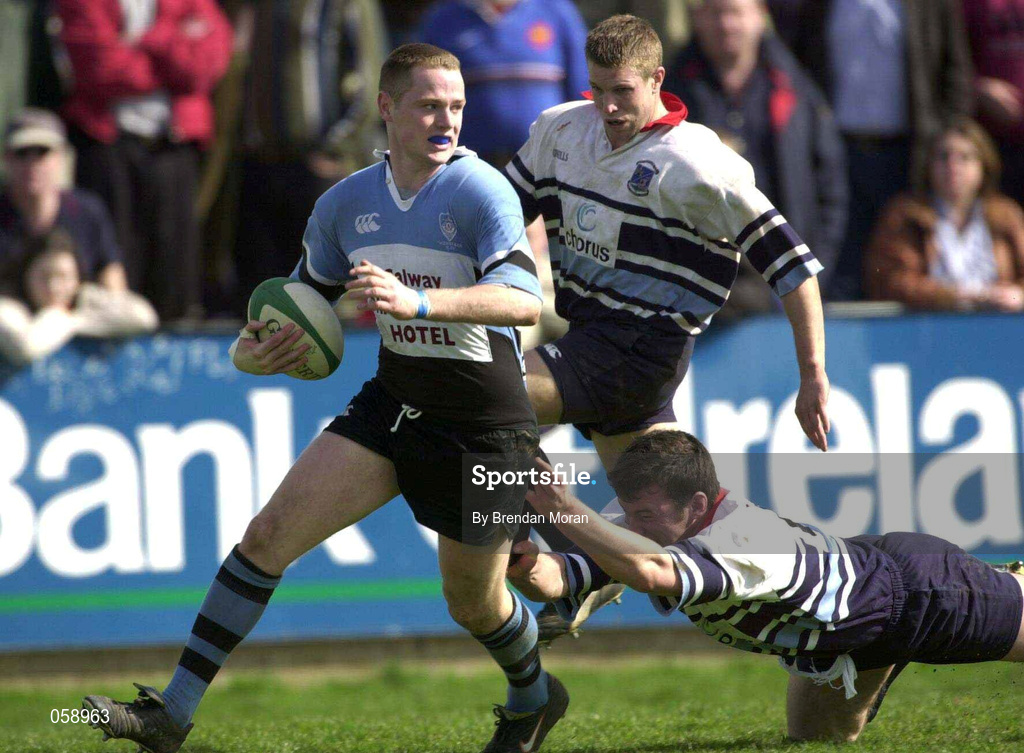 31 March 2001; Ger Brady of Galwegians is tackled by David Delaney of Shannon during the AIB All-Ireland League Rugby Division 1 match between Shannon RFC and Galwegians RFC at Thomond Park in Limerick. Photo by Brendan Moran/Sportsfile