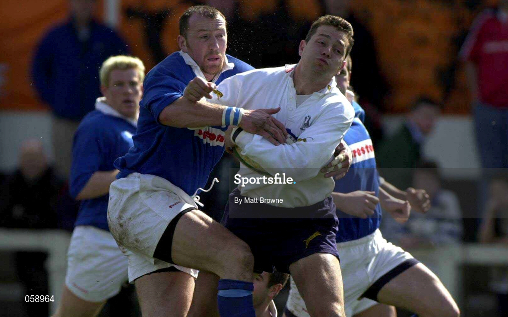 31 March 2001; Brian Walsh of Cork Constitution is tackled by Trevor Brennan of St Mary's during the AIB All-Ireland League Division 1 match between Cork Constitution RFC and St Mary's RFC at Temple Hill in Cork. Photo by Matt Browne/Sportsfile