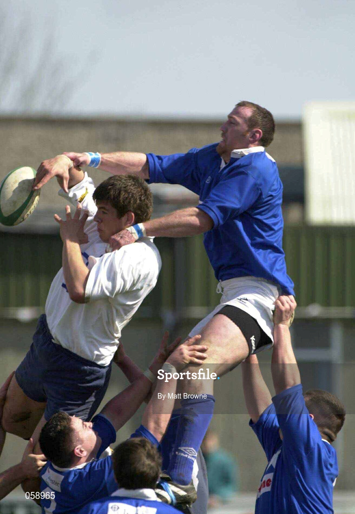 31 March 2001; Donncha O'Callaghan of Cork Constitution takes the ball in the lineout from Trevor Brennan of St Mary's during the AIB All-Ireland League Division 1 match between Cork Constitution RFC and St Mary's RFC at Temple Hill in Cork. Photo by Matt Browne/Sportsfile