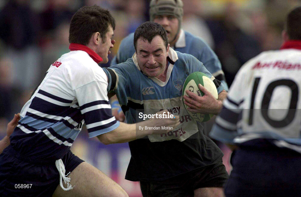 31 March 2001; Paul Cleary of Galwegians holds off the challenge of Tom Hayes of Shannon during the AIB All-Ireland League Rugby Division 1 match between Shannon RFC and Galwegians RFC at Thomond Park in Limerick. Photo by Brendan Moran/Sportsfile
