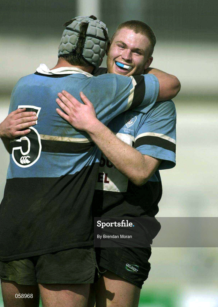 31 March 2001; Galwegians players Damien Browne, right, and Mark McConnell celebrate after the AIB All-Ireland League Rugby Division 1 match between Shannon RFC and Galwegians RFC at Thomond Park in Limerick. Photo by Brendan Moran/Sportsfile