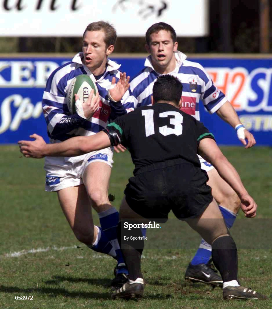 31 March 2001; Ryan Constable of Dungannon is tackled by Stephen O'Donnell of DLSP during the AIB All-Ireland League Division 1 match between Dungannon RFC and DLSP RFC at Stevenson Park in Dungannon, Tyrone. Photo by Sportsfile