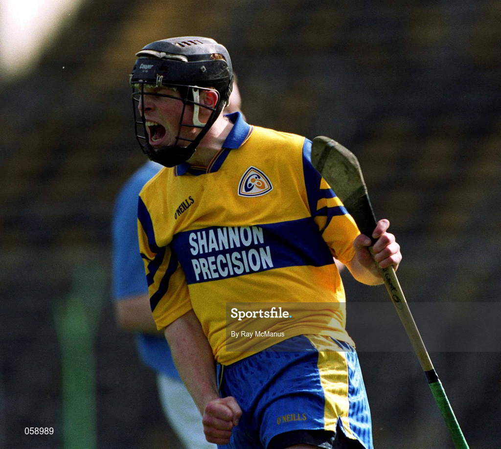 31 March 2001; Brian Culbert of Sixmilebridge celebrates scoring his side's only goal during the AIB All-Ireland Senior Club Hurling Championship Semi-Final Replay match between Graigue Ballycallan and Sixmilebridge at Semple Stadium in Thurles, Tipperary. Photo by Ray McManus/Sportsfile