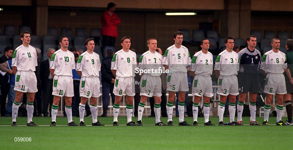 25 March 2001; Republic of Ireland team stand for the National Anthem. Andora v Republic of Ireland, Mini Stadium, Nou Camp, Barcelona, Spain. Soccer. Picture credit; Damien Eagers / SPORTSFILE