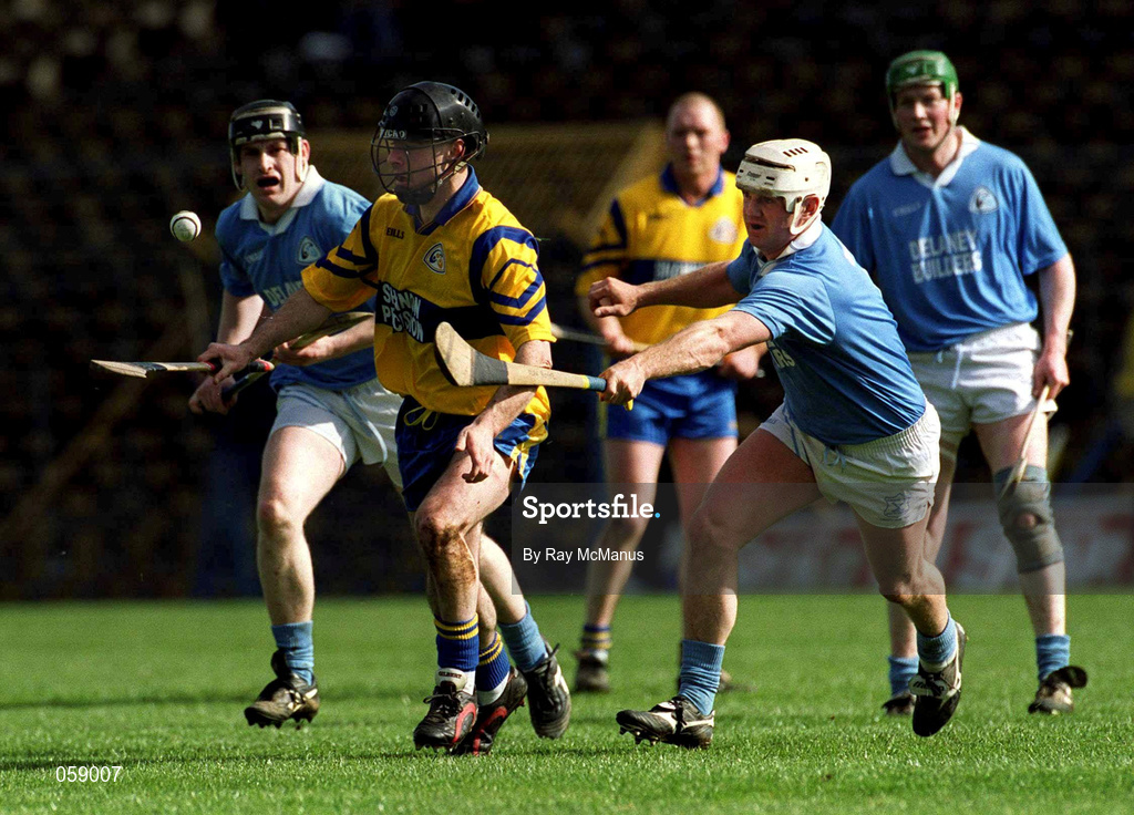 31 March 2001; Martin Conlon of Sixmilebridge is tackled by Alan Hoyne of Graigueballycallan during the AIB All-Ireland Senior Club Hurling Championship Semi-Final Replay match between Graigue Ballycallan and Sixmilebridge at Semple Stadium in Thurles, Tipperary. Photo by Ray McManus/Sportsfile