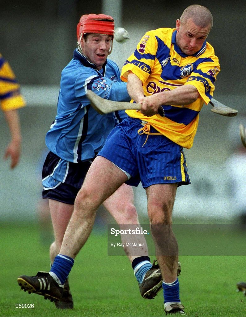 1 April 2001; Alan Markham of Clare in action against Thomas Moore of Dublin during the Allianz National Hurling League Division 1A match between Dublin and Clare at Parnell Park in Dublin. Photo by Ray McManus/Sportsfile