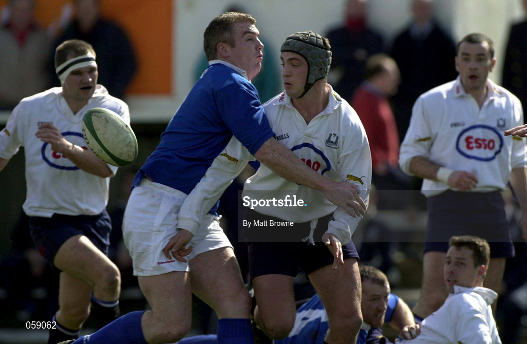 31 March 2001; Ronan O'Donovan of Cork Constitution is tackled by Trevor Brennan of St Mary's during the AIB All-Ireland League Division 1 match between Cork Constitution RFC and St Mary's RFC at Temple Hill in Cork. Photo by Matt Browne/Sportsfile