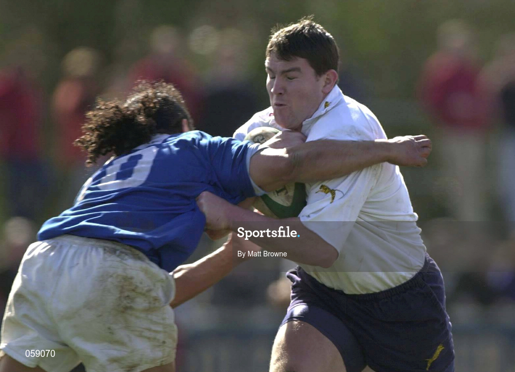 31 March 2001; Cian Mahony of Cork Constitution is tackled by Eddie Hekenui of St Mary's during the AIB All-Ireland League Division 1 match between Cork Constitution RFC and St Mary's RFC at Temple Hill in Cork. Photo by Matt Browne/Sportsfile