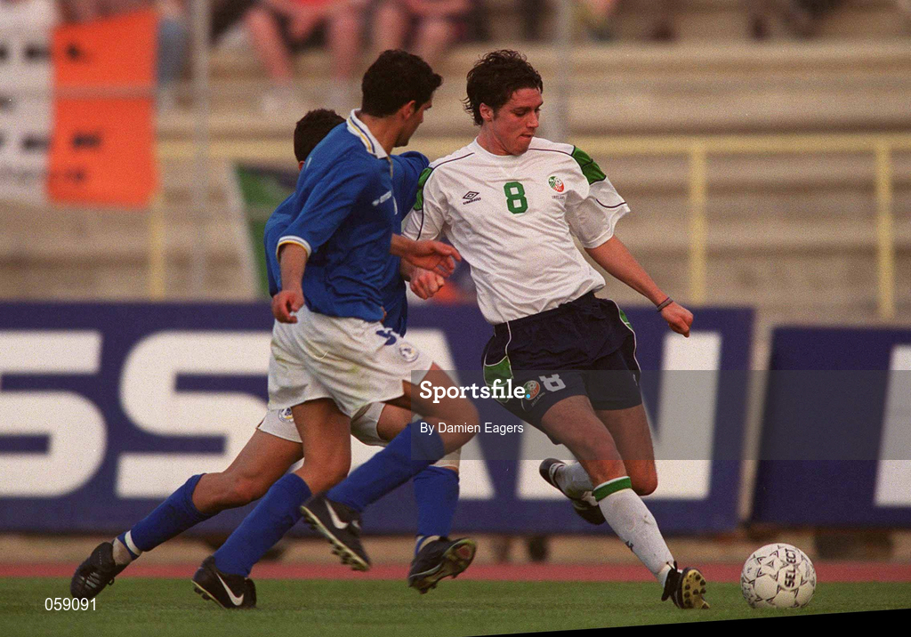 23 March 2001; Michael Reddy of Republic of Ireland in action against Christos Theofilow of Cyprus during the UEFA European U21 Championship Qualification Group 2 game between Cyprus and Republic of Ireland at the GSZ Stadium in Larnaca, Cyprus. Photo by Damien Eagers/Sportsfile
