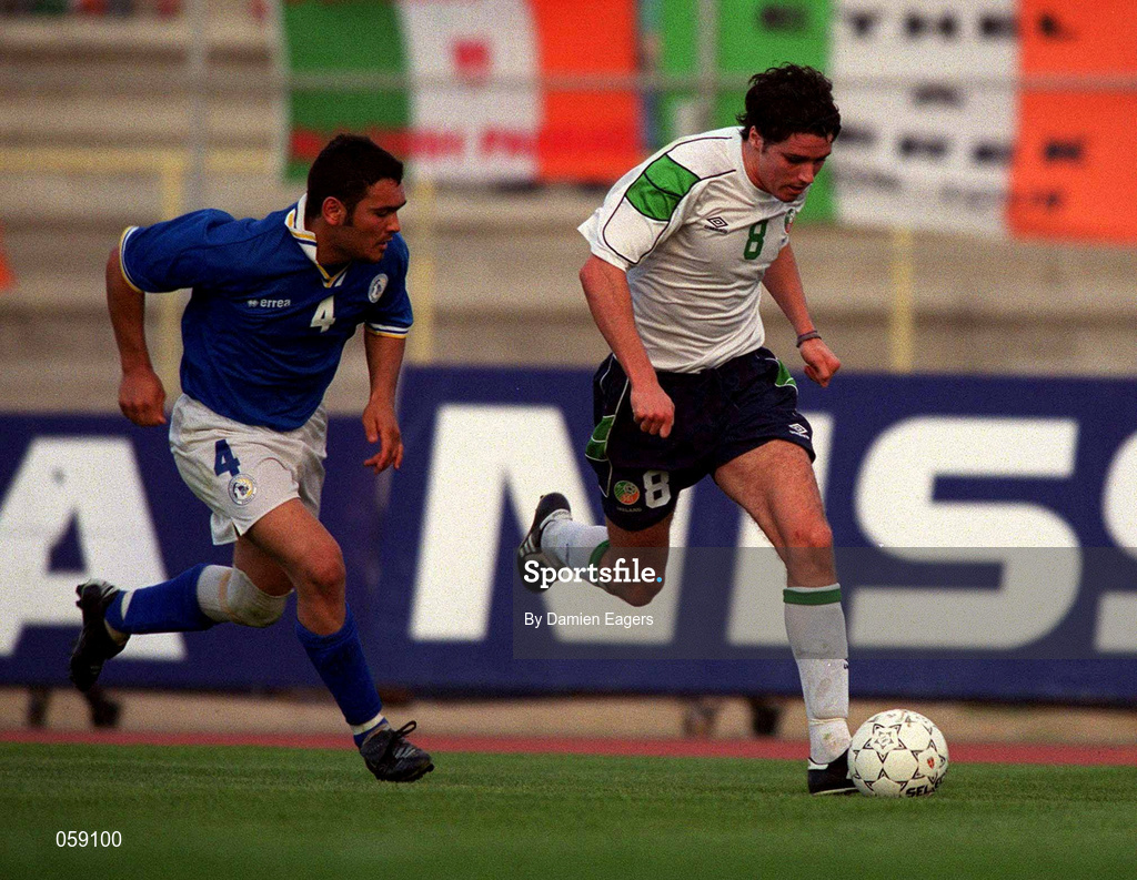 23 March 2001; Michael Reddy of Republic of Ireland in action against Christos Theofilow of Cyprus during the UEFA European U21 Championship Qualification Group 2 game between Cyprus and Republic of Ireland at the GSZ Stadium in Larnaca, Cyprus. Photo by Damien Eagers/Sportsfile