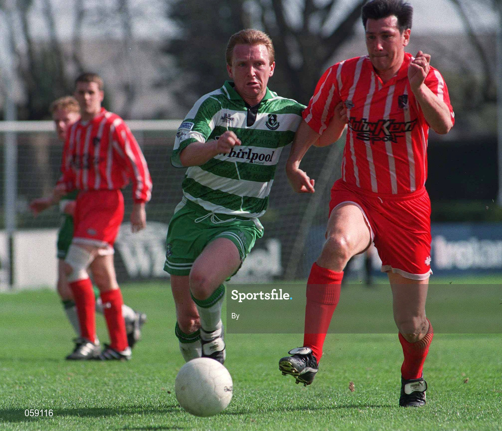 2 April 1995; Lawrie Sanchez, Sligo Rovers in action against John Toal, Shamrock Rovers. RDS Showgrounds. Soccer. Picture credit; David Maher / SPORTSFILE