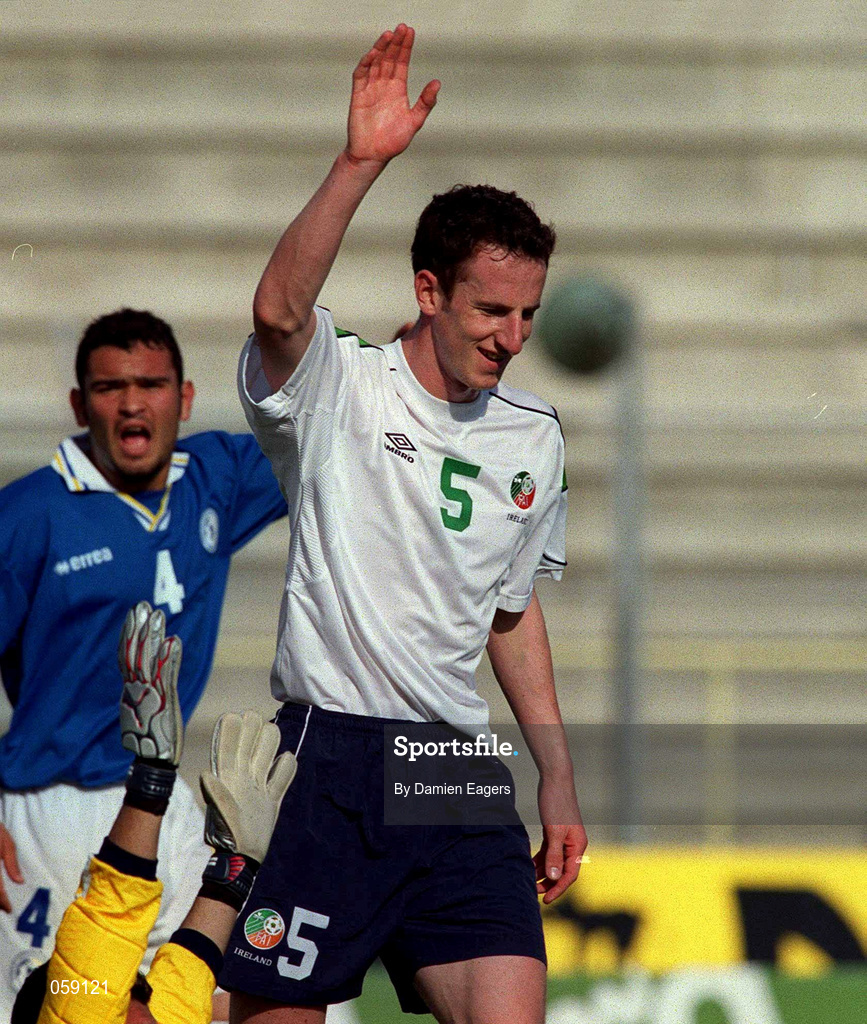 23 March 2001; Andy O'Brien of Republic of Ireland celebrates scoring the winning goal during the UEFA European U21 Championship Qualification Group 2 game between Cyprus and Republic of Ireland at the GSZ Stadium in Larnaca, Cyprus. Photo by Damien Eagers/Sportsfile