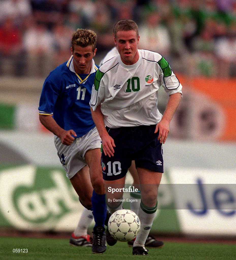 23 March 2001; Barry Quinn of Republic of Ireland in action against Georgios Kavazis of Cyprus during the UEFA European U21 Championship Qualification Group 2 game between Cyprus and Republic of Ireland at the GSZ Stadium in Larnaca, Cyprus. Photo by Damien Eagers/Sportsfile