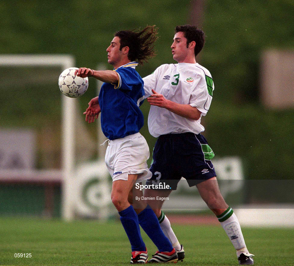 23 March 2001; Clive Clarke of Republic of Ireland in action against Stefanos Voskarides of Cyprus during the UEFA European U21 Championship Qualification Group 2 game between Cyprus and Republic of Ireland at the GSZ Stadium in Larnaca, Cyprus. Photo by Damien Eagers/Sportsfile