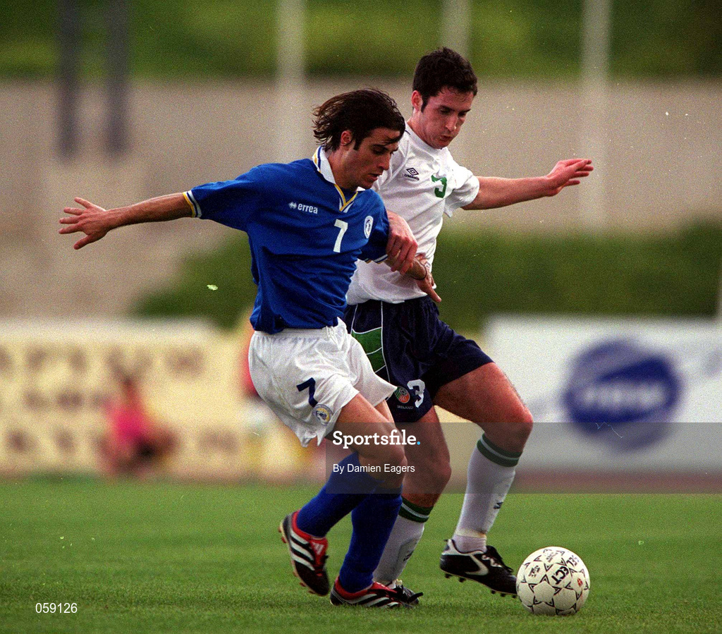 23 March 2001; Clive Clarke of Republic of Ireland in action against Stefanos Voskarides of Cyprus during the UEFA European U21 Championship Qualification Group 2 game between Cyprus and Republic of Ireland at the GSZ Stadium in Larnaca, Cyprus. Photo by Damien Eagers/Sportsfile