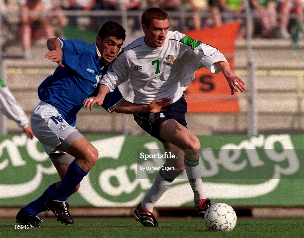 23 March 2001; Colin Healy of Republic of Ireland in action against Kostas Kostaninou of Cyprus during the UEFA European U21 Championship Qualification Group 2 game between Cyprus and Republic of Ireland at the GSZ Stadium in Larnaca, Cyprus. Photo by Damien Eagers/Sportsfile