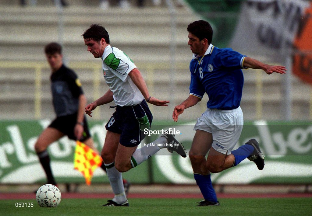 23 March 2001; Michael Reddy of Republic of Ireland in action against Georgios Kkaras of Cyprus during the UEFA European U21 Championship Qualification Group 2 game between Cyprus and Republic of Ireland at the GSZ Stadium in Larnaca, Cyprus. Photo by Damien Eagers/Sportsfile
