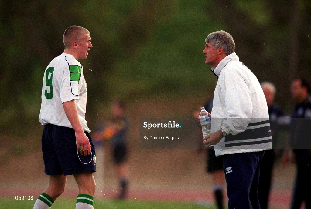 23 March 2001; Republic of Ireland manager Don Givens speaks with Richie Foran during the UEFA European U21 Championship Qualification Group 2 game between Cyprus and Republic of Ireland at the GSZ Stadium in Larnaca, Cyprus. Photo by Damien Eagers/Sportsfile