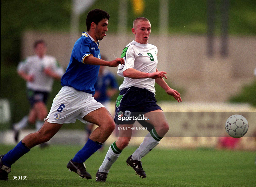 23 March 2001; Richie Foran of Republic of Ireland in action against Georgios Kkaras of Cyprus during the UEFA European U21 Championship Qualification Group 2 game between Cyprus and Republic of Ireland at the GSZ Stadium in Larnaca, Cyprus. Photo by Damien Eagers/Sportsfile