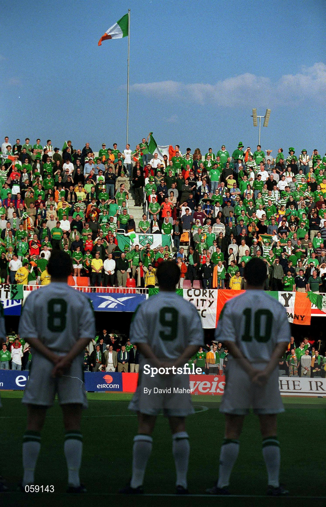 28 March 2001; Republic of Ireland players, from left, Matt Holland, David Connolly, and Robbie Keane, stand for the National Anthem before the 2002 FIFA World Cup Qualifier match between Andorra and Republic of Ireland at the Mini Estadi in Barcelona, Spain. Photo by Damien Eagers/Sportsfile