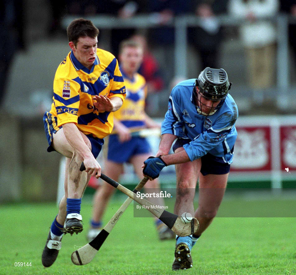 1 April 2001; Barry Murphy of Clare is tackled by John Cullen during the Allianz National Hurling League Division 1A match between Dublin and Clare at Parnell Park in Dublin. Photo by Ray McManus/Sportsfile