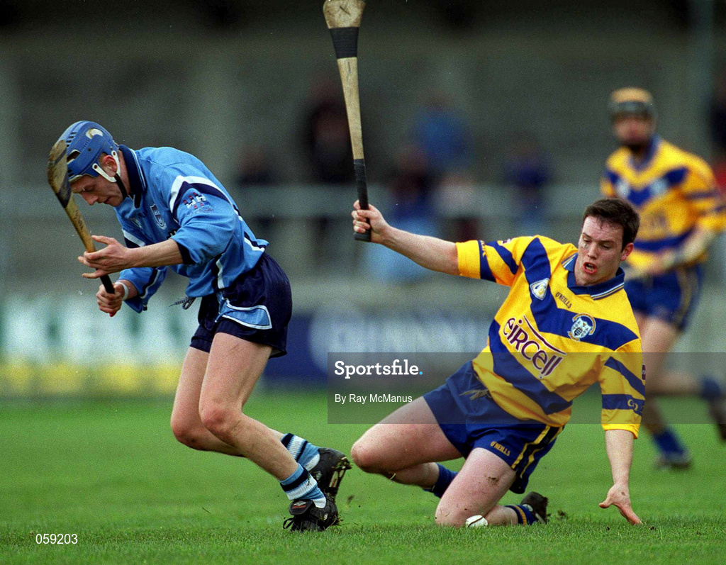 1 April 2001; David Wyse of Dublin is tackled by Barry Murphy of Clare during the Allianz National Hurling League Division 1A match between Dublin and Clare at Parnell Park in Dublin. Photo by Ray McManus/Sportsfile
