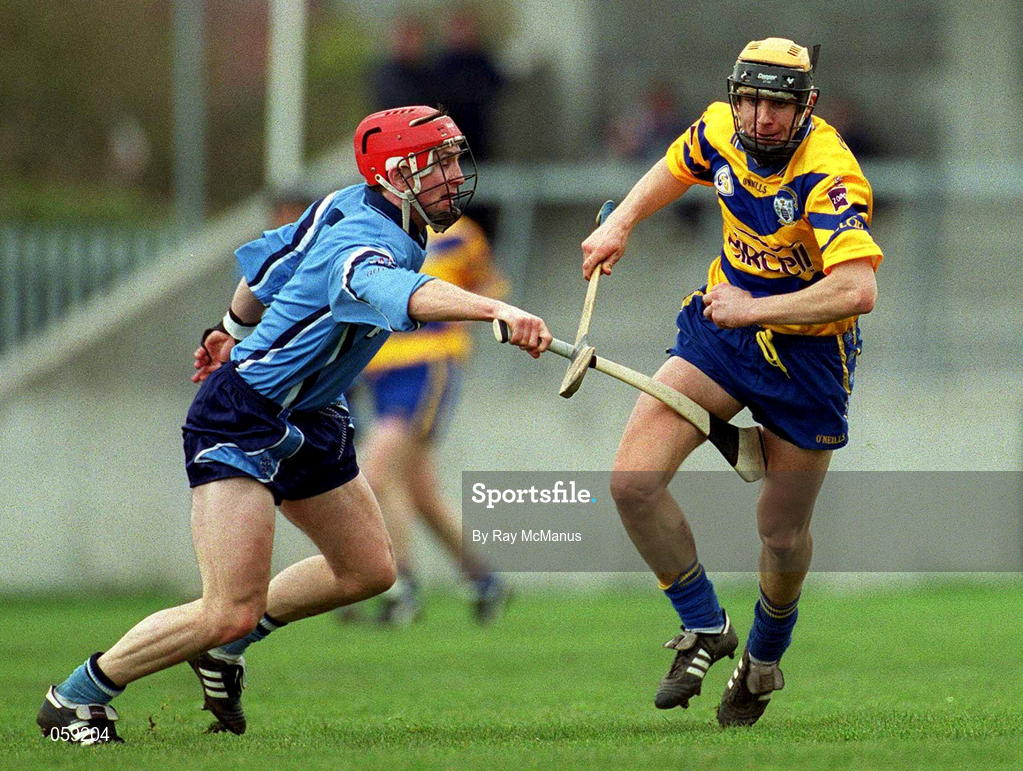1 April 2001; Tony Griffin of Clare is tackled by David Sweeney of Dublin during the Allianz National Hurling League Division 1A match between Dublin and Clare at Parnell Park in Dublin. Photo by Ray McManus/Sportsfile