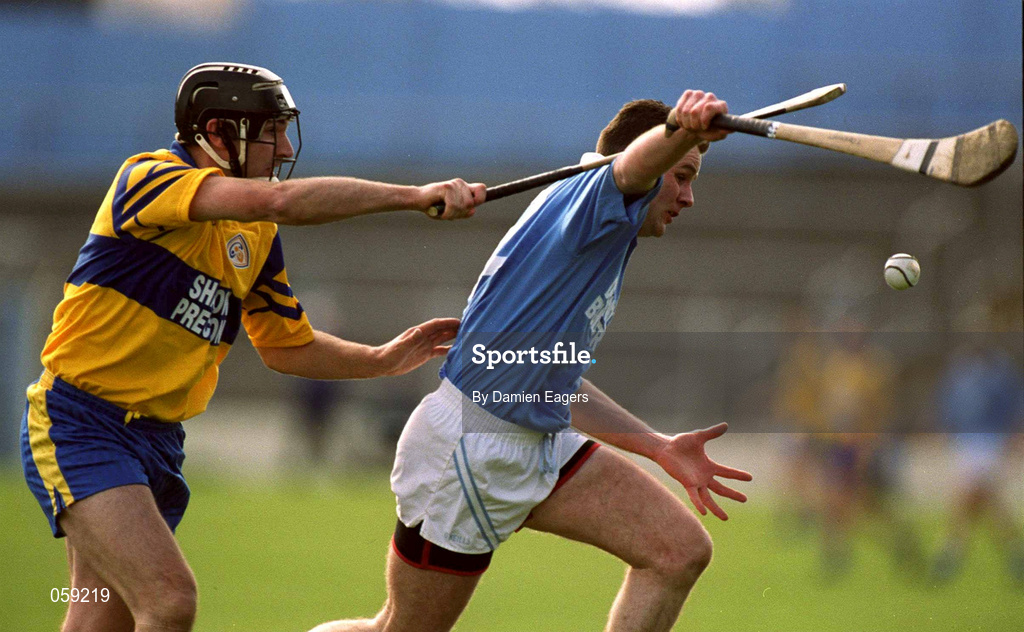 31 March 2001; Tomas Dermody of Graigue Ballycallan in action against John O'Connell of Sixmilebridge during the AIB All-Ireland Senior Club Hurling Championship Semi-Final Replay match between Graigue Ballycallan and Sixmilebridge at Semple Stadium in Thurles, Tipperary. Photo by Damien Eagers/Sportsfile