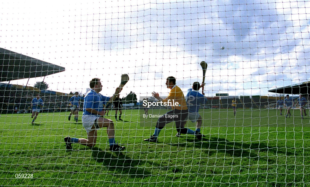 31 March 2001; Graigue Ballycallan players, from left, Adrian Ronan, Johnny Ronan and Johnny Butler watch as a shot from a penalty by David Fitzgerald of Sixmilebridge goes over the bar for a point late in the second half during the AIB All-Ireland Senior Club Hurling Championship Semi-Final Replay match between Graigue Ballycallan and Sixmilebridge at Semple Stadium in Thurles, Tipperary. Photo by Damien Eagers/Sportsfile