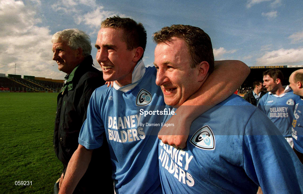 31 March 2001; Graigue Ballycallan players Eddie Brennan, left, and Adrian Ronan celebrate after the AIB All-Ireland Senior Club Hurling Championship Semi-Final Replay match between Graigue Ballycallan and Sixmilebridge at Semple Stadium in Thurles, Tipperary. Photo by Damien Eagers/Sportsfile
