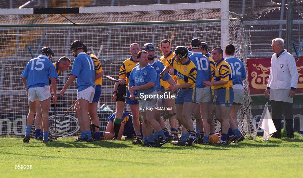 31 March 2001; Players from Graigue Ballycallan and Sixmilebridge involved in a tussle in the Sixmilebridge goalmouth during the AIB All-Ireland Senior Club Hurling Championship Semi-Final Replay match between Graigue Ballycallan and Sixmilebridge at Semple Stadium in Thurles, Tipperary. Photo by Ray McManus/Sportsfile