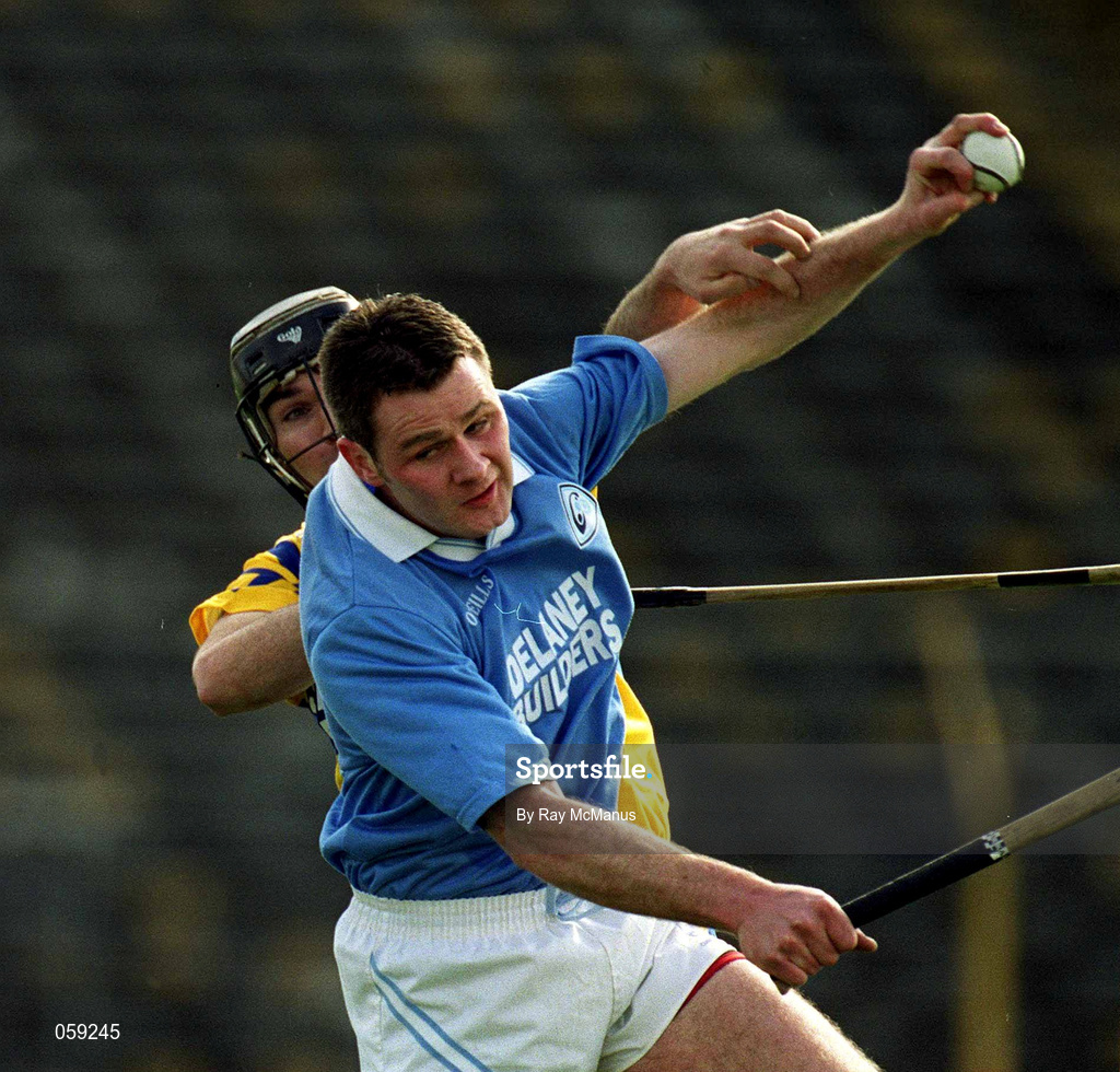 31 March 2001; Tomas Dermody of Graigue Ballycallan in action against John O'Connell of Sixmilebridge during the AIB All-Ireland Senior Club Hurling Championship Semi-Final Replay match between Graigue Ballycallan and Sixmilebridge at Semple Stadium in Thurles, Tipperary. Photo by Ray McManus/Sportsfile