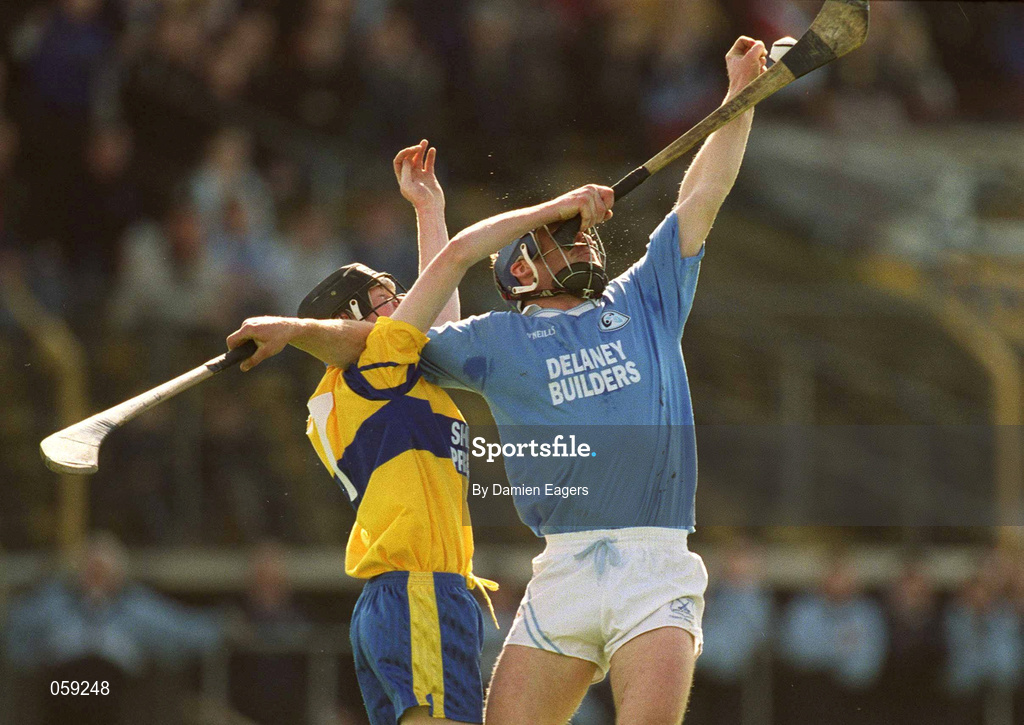 31 March 2001; Denis Byrne of Graigue Ballycallan in action against Adrian Chaplin of Sixmilebridge during the AIB All-Ireland Senior Club Hurling Championship Semi-Final Replay match between Graigue Ballycallan and Sixmilebridge at Semple Stadium in Thurles, Tipperary. Photo by Damien Eagers/Sportsfile
