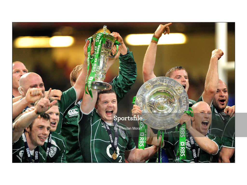 21 March 2009; Ireland captain Brian O'Driscoll and his team-mates celebrate with the Triple Crown trophy and the RBS Six Nations trophy. RBS Six Nations Championship, Wales v Ireland, Millennium Stadium, Cardiff, Wales. Picture credit: Brendan Moran / SPORTSFILE