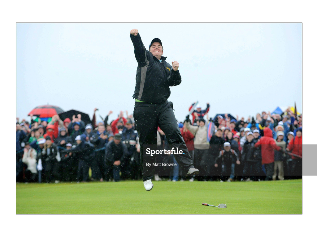 17 May 2009; Shane Lowry celebrates after putting on the 18th green, the third play off hole, to win the 3 Irish Open Golf Championship. County Louth Golf Club, Baltray, Co. Louth. Picture credit: Matt Browne / SPORTSFILE