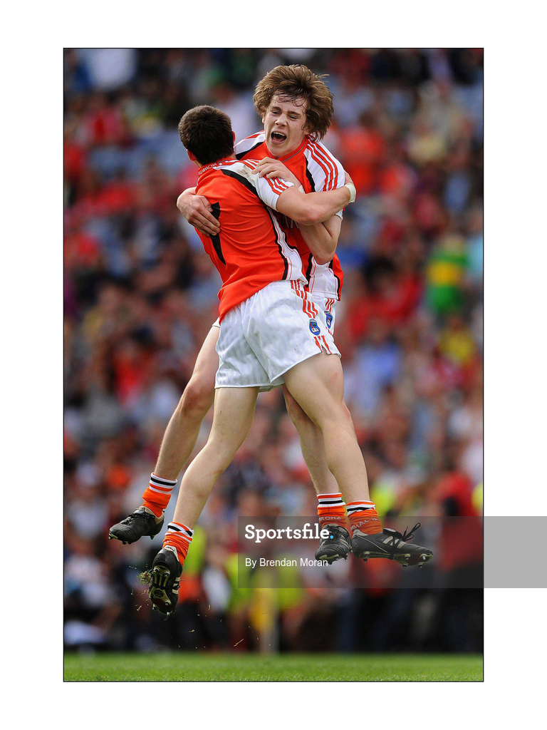 20 September 2009; Armagh players James Morgan, 7, and Andrew Murnin celebrate at the final whiste. ESB GAA Football All-Ireland Minor Championship Final, Armagh v Mayo, Croke Park, Dublin. Picture credit: Brendan Moran / SPORTSFILE