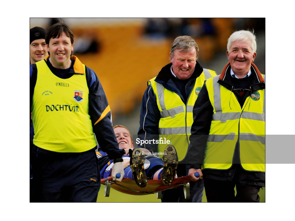 15 February 2009; Longford's Colm Flynn manages a smile as he's stretchered from the pitch. Allianz National Football League, Division 3, Round 2, Offaly v Longford, O'Connor Park, Tullamore, Co. Offaly. Picture credit: Brian Lawless / SPORTSFILE