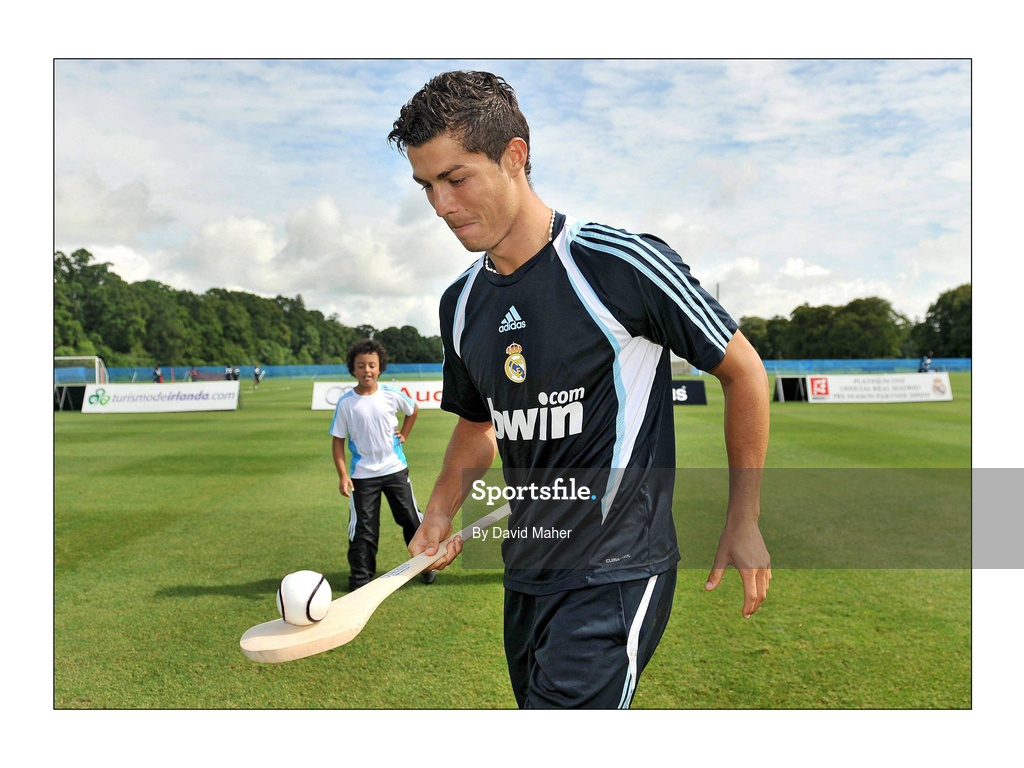 19 July 2009; Real Madrid's Cristiano Ronaldo practices his hurling skills during a special training session run by adidas and Lifestyle Sports. Real Madrid pre-season squad training, Carton House, Maynooth, Co. Kildare. Picture credit: David Maher / SPORTSFILE